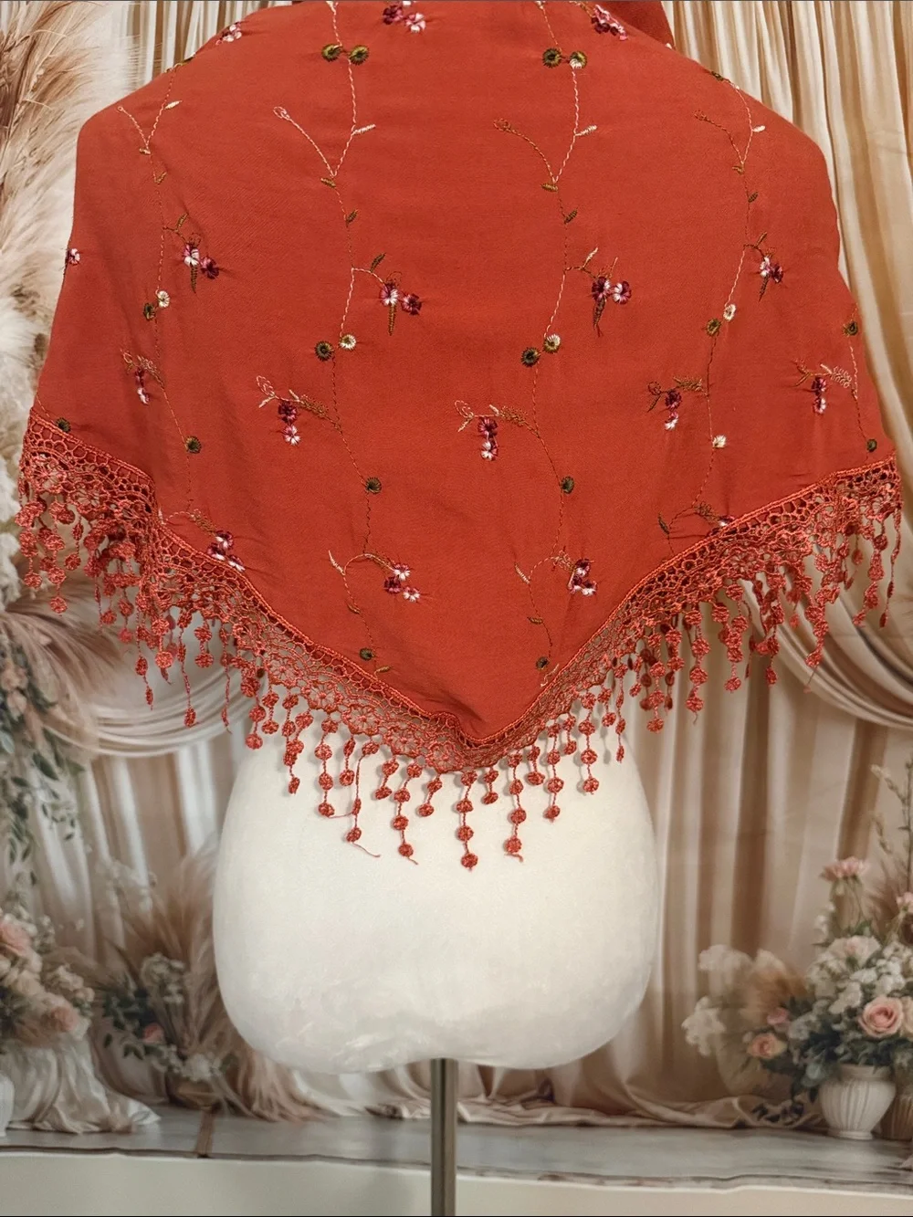 Embroidered Tassel Scarf Wrap in Rust Red